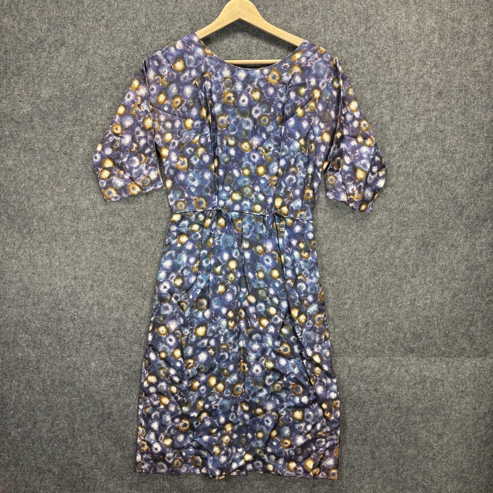 Vintage 60s Wiggle Dress Womens Purple Abstract Watercolor Floral Mod Madmen USA
